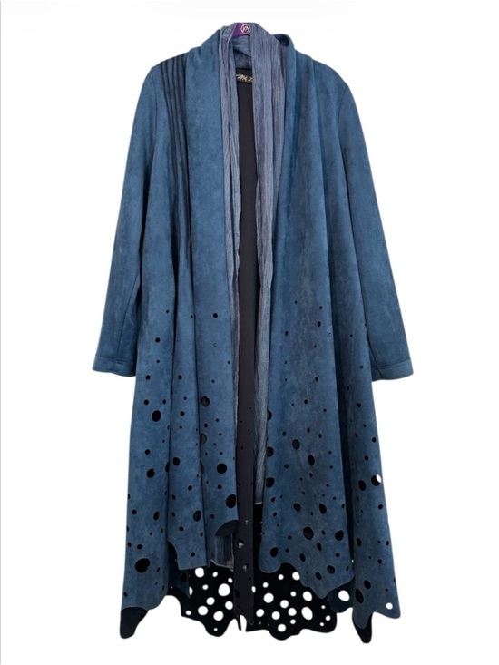 Vita Ideas Jackets & Blazers - NWT Blue Suede Long Duster Coat Cutout Perforated Hem & attached sheer scarf SzM